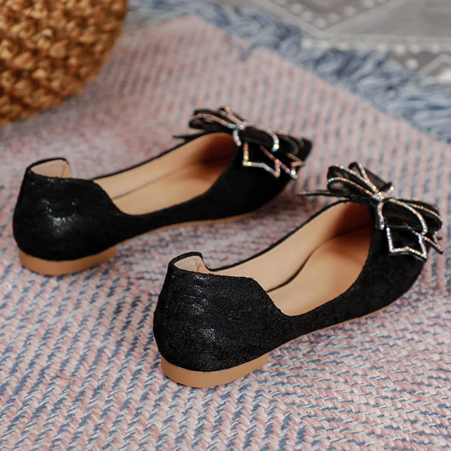 Women's Classy Pointed Toe Ballerina Ballets with Sparkly Rhinestone Bow-Knot Breathable Flat Shoes