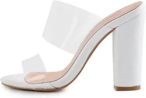 Women's Clear Open Toe Double Strap Mules - Chunky Heels Snake Pattern Slip On