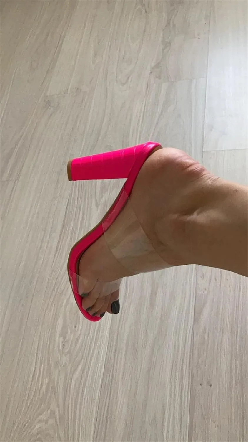 Women's Clear Open Toe Double Strap Mules - Chunky Heels Snake Pattern Slip On