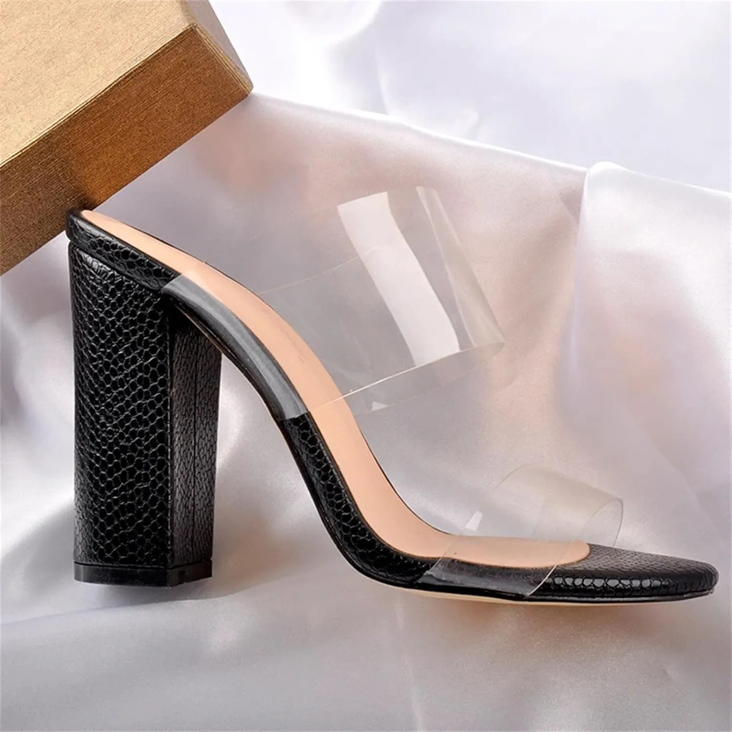 Women's Clear Open Toe Double Strap Mules - Chunky Heels Snake Pattern Slip On