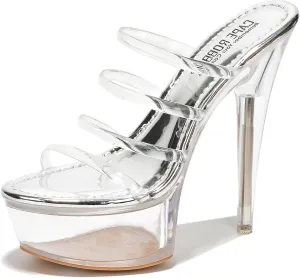 Women's Clear Strappy Stiletto Heels - Nude Platform Sandals with Ankle Strap | Pleaser (Kim)