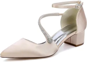 Womens Closed Pointed Toe Bridal Shoes Crystal Ankle Strap Wedding Business Dress Shoes Block Chunky Heel Pumps