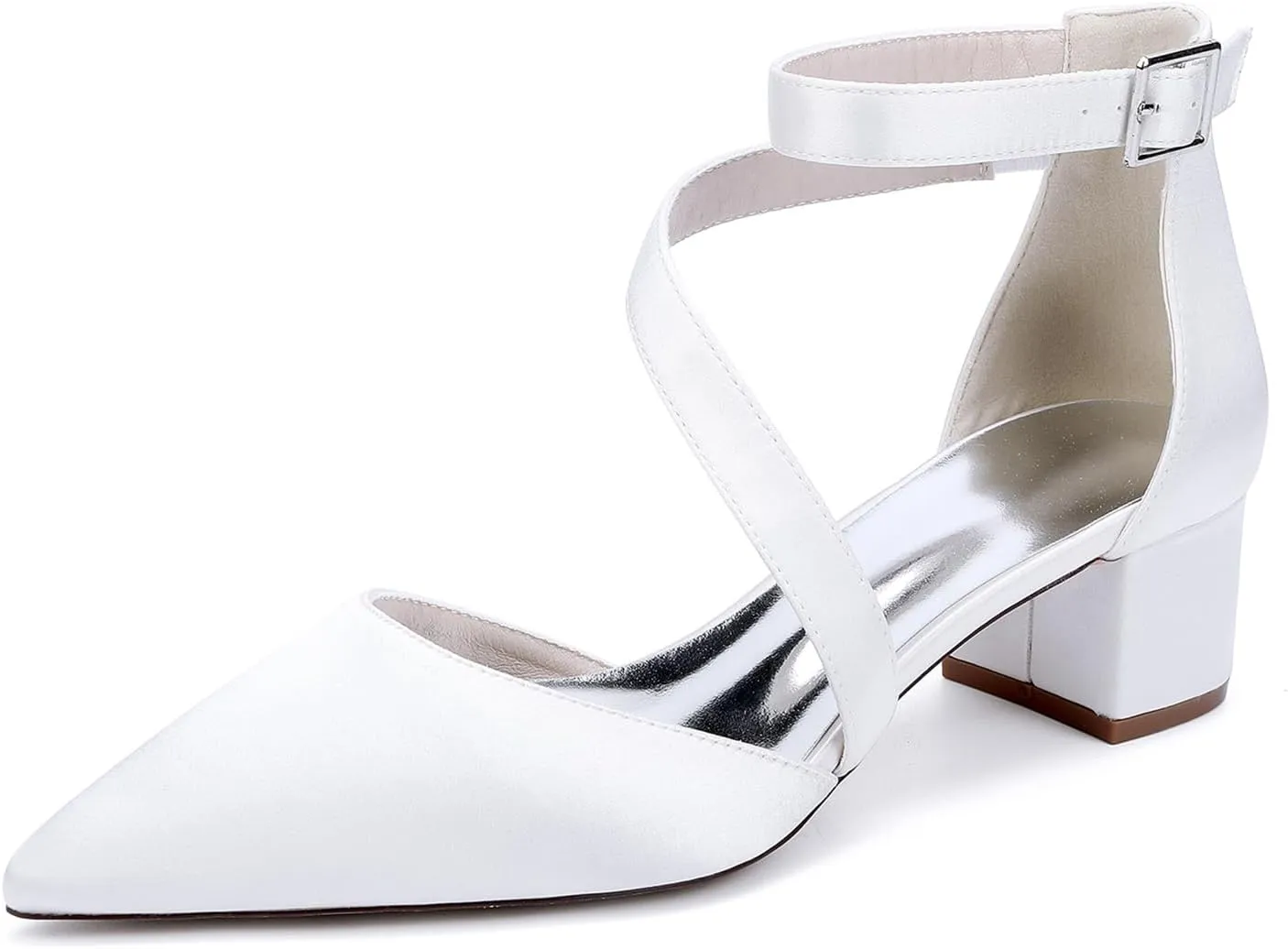 Womens Closed Pointed Toe Bridal Shoes Satin Ankle Strap Sandals Wedding Business Dress Shoes Block Chunky Heel Pumps