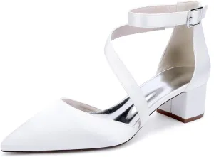 Womens Closed Pointed Toe Bridal Shoes Satin Ankle Strap Sandals Wedding Business Dress Shoes Block Chunky Heel Pumps