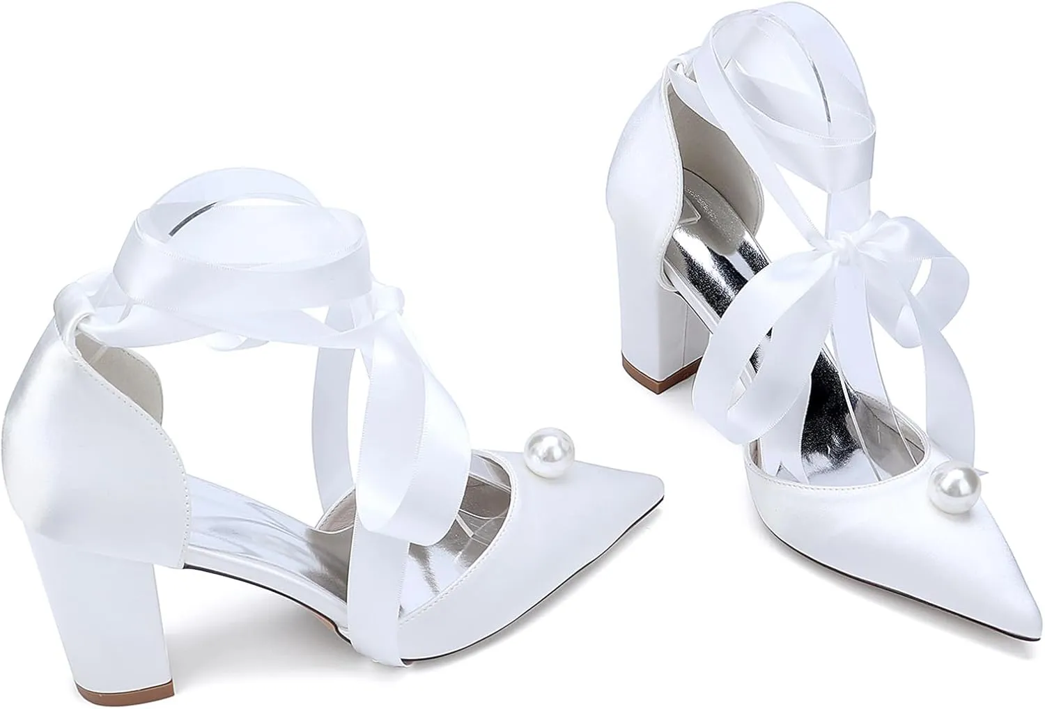 Women's Closed Pointed Toe Wedding Shoes High Chunky Heel Pumps with Pearls Ribbon Tie Satin Slip on Bridal Business Dressy Shoes