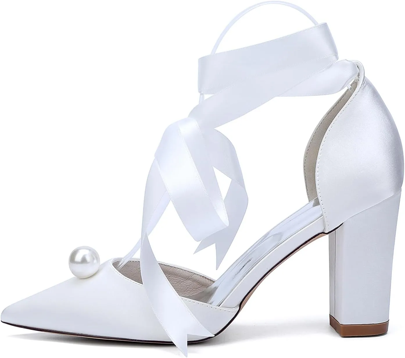 Women's Closed Pointed Toe Wedding Shoes High Chunky Heel Pumps with Pearls Ribbon Tie Satin Slip on Bridal Business Dressy Shoes