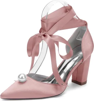 Women's Closed Pointed Toe Wedding Shoes High Chunky Heel Pumps with Pearls Ribbon Tie Satin Slip on Bridal Business Dressy Shoes