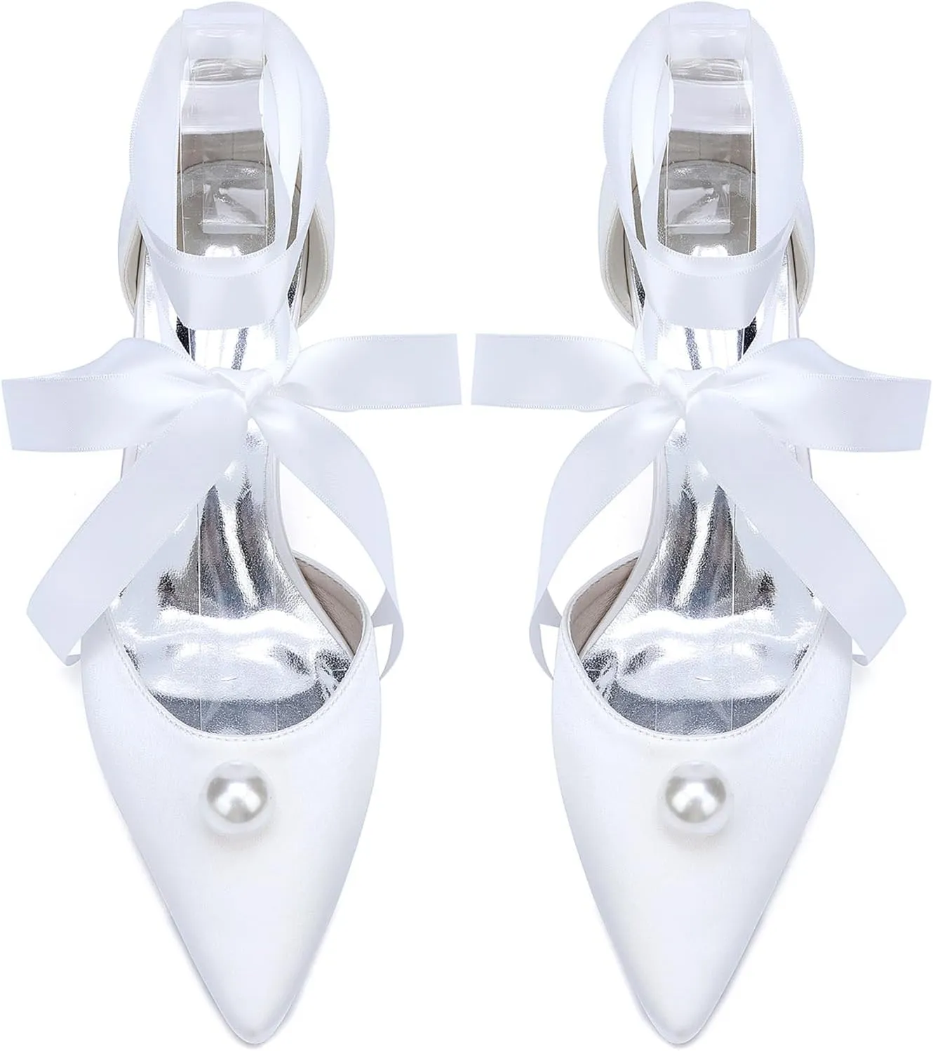 Women's Closed Pointed Toe Wedding Shoes High Chunky Heel Pumps with Pearls Ribbon Tie Satin Slip on Bridal Business Dressy Shoes