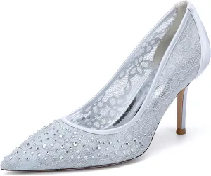 Women's Closed Toe Ivory Bridal Shoes High Heel Slip-On Lace Sandals Pointy Toe Rhinestones Wedding Dress Banquet Shoes