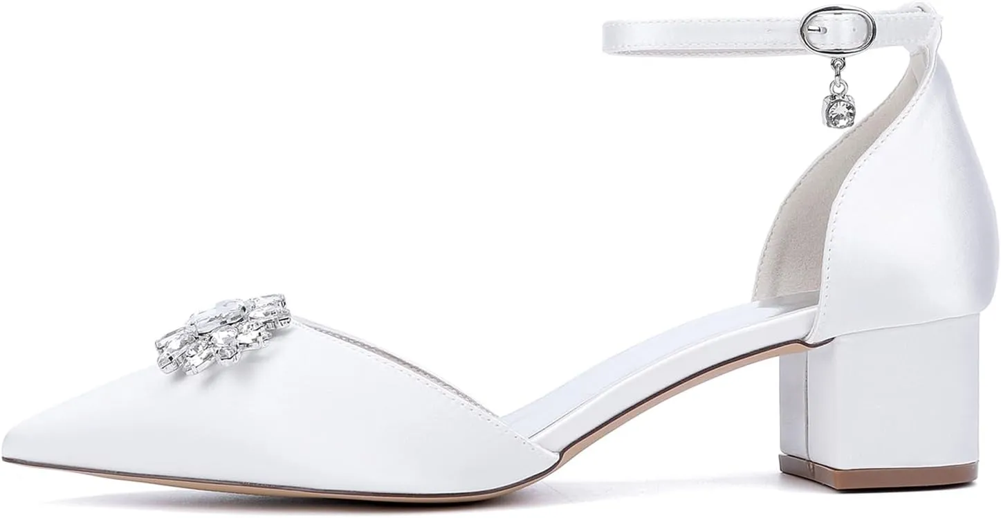 Women's Closed Toe Wedding Shoes for Bride Block Heel Rhinestones Pumps Ankle Strap Evening Party Prom Dress Sandals