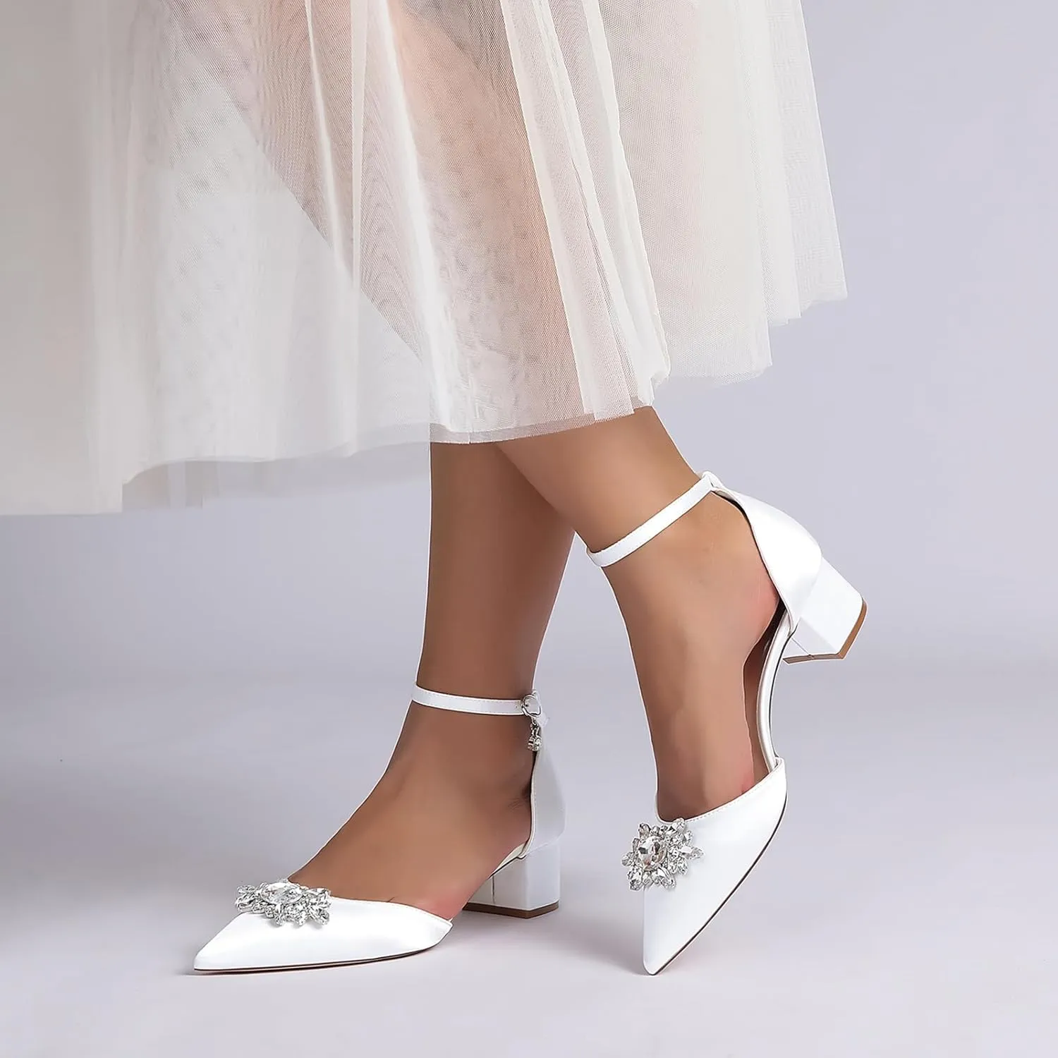Women's Closed Toe Wedding Shoes for Bride Block Heel Rhinestones Pumps Ankle Strap Evening Party Prom Dress Sandals