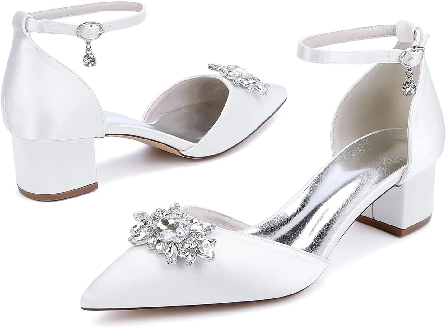 Women's Closed Toe Wedding Shoes for Bride Block Heel Rhinestones Pumps Ankle Strap Evening Party Prom Dress Sandals