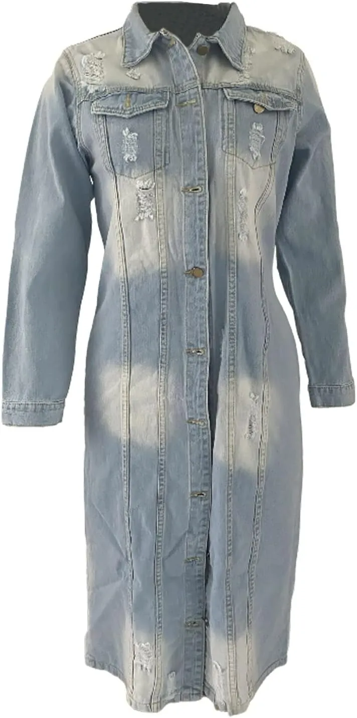 Womens Distressed Ripped Lapel Trench Coat Slim Fit Button Down Washed Long Jean Jacket