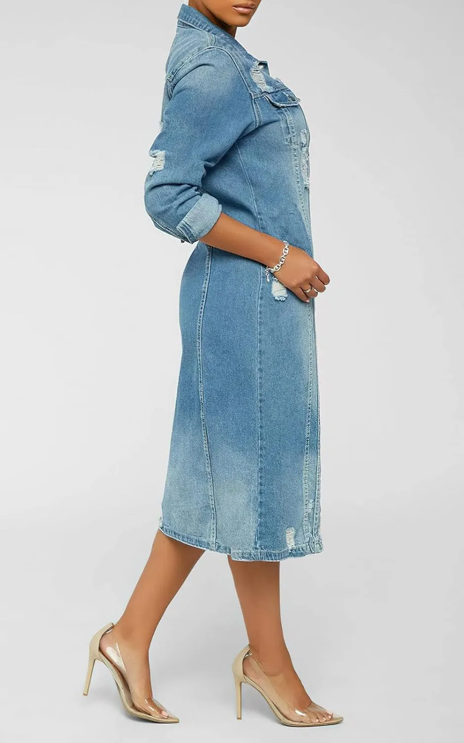 Womens Distressed Ripped Lapel Trench Coat Slim Fit Button Down Washed Long Jean Jacket