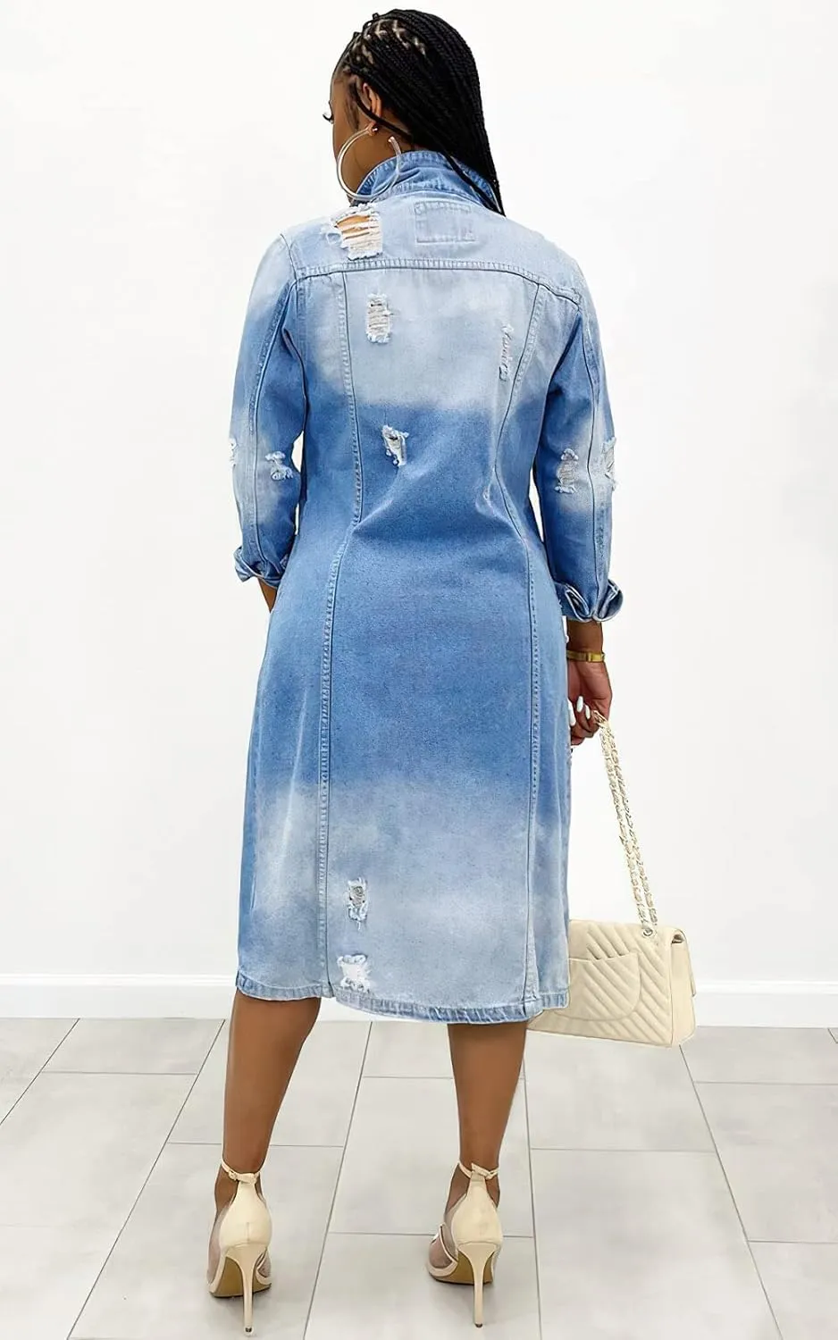 Womens Distressed Ripped Lapel Trench Coat Slim Fit Button Down Washed Long Jean Jacket