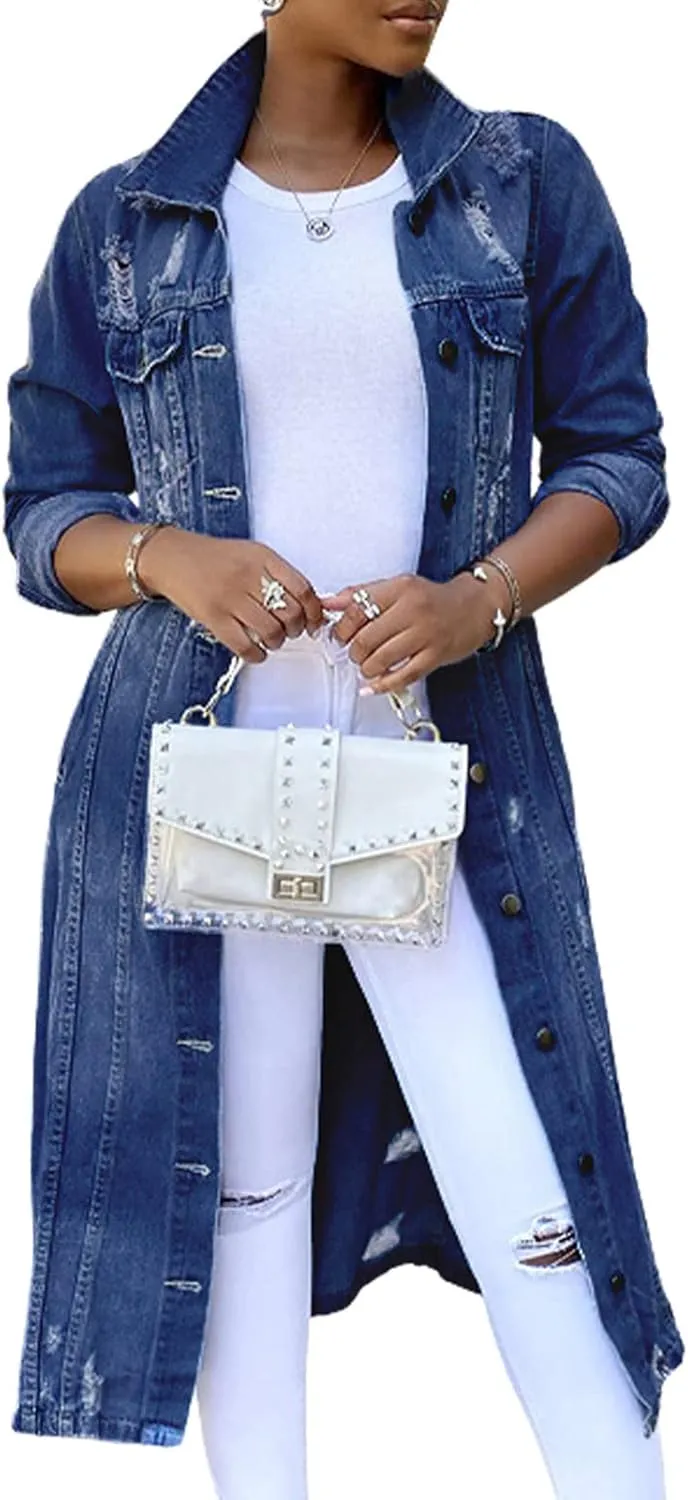 Womens Distressed Ripped Lapel Trench Coat Slim Fit Button Down Washed Long Jean Jacket