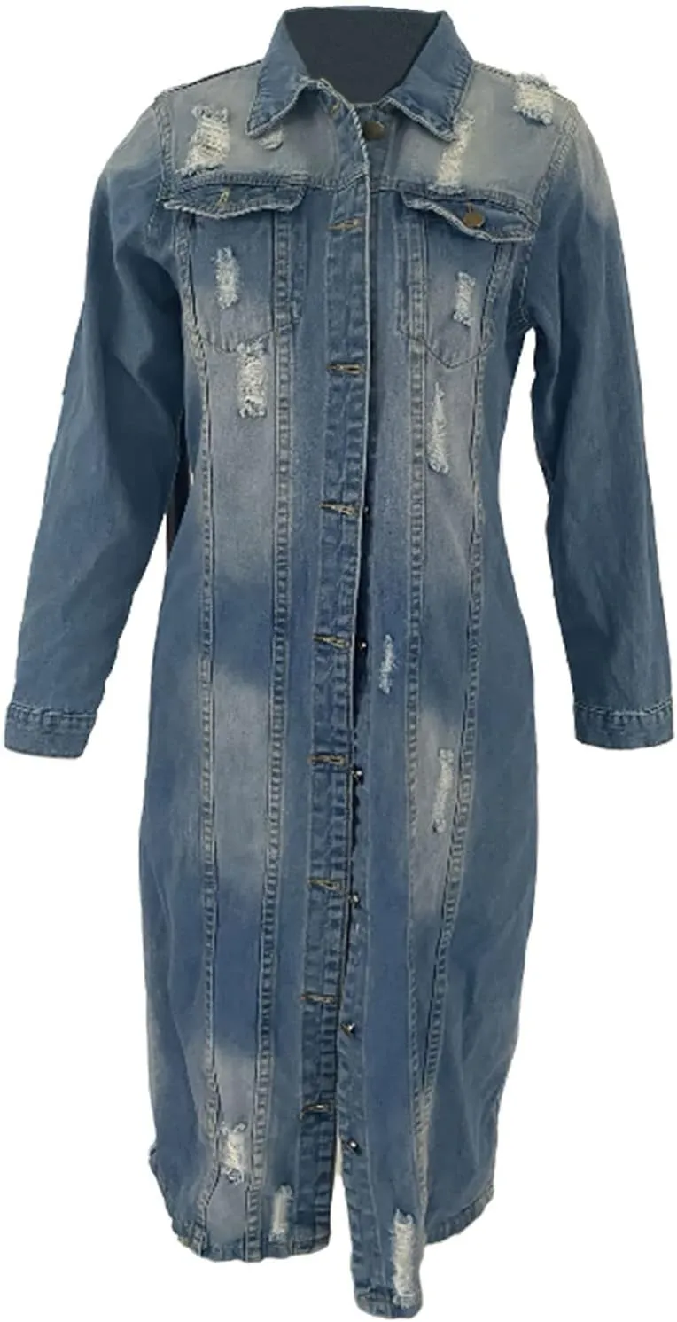 Womens Distressed Ripped Lapel Trench Coat Slim Fit Button Down Washed Long Jean Jacket