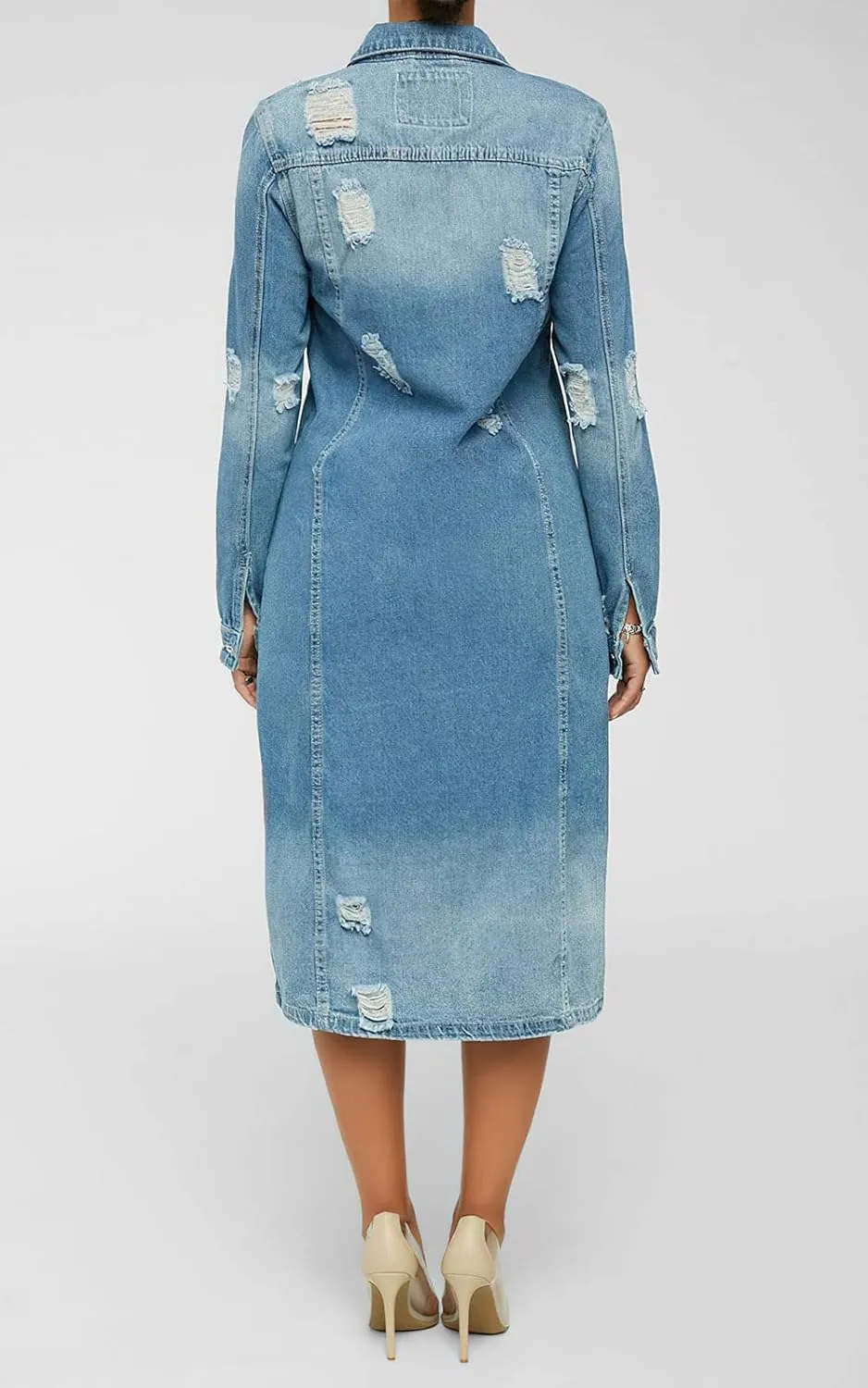 Womens Distressed Ripped Lapel Trench Coat Slim Fit Button Down Washed Long Jean Jacket