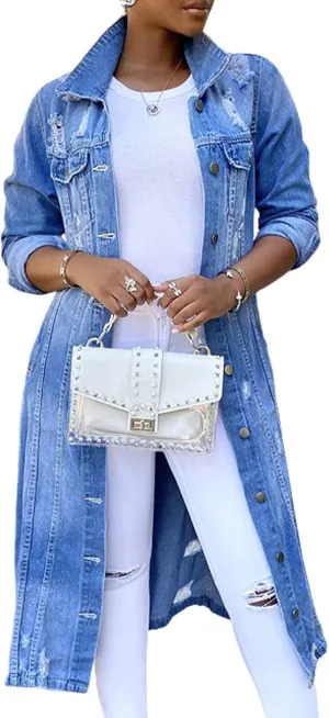 Womens Distressed Ripped Lapel Trench Coat Slim Fit Button Down Washed Long Jean Jacket