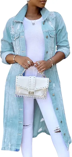 Womens Distressed Ripped Lapel Trench Coat Slim Fit Button Down Washed Long Jean Jacket