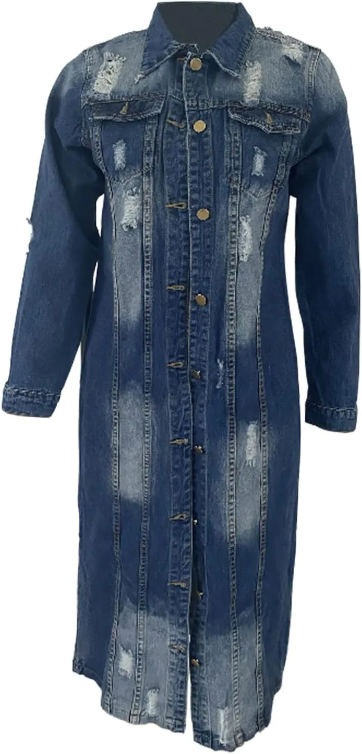 Womens Distressed Ripped Lapel Trench Coat Slim Fit Button Down Washed Long Jean Jacket
