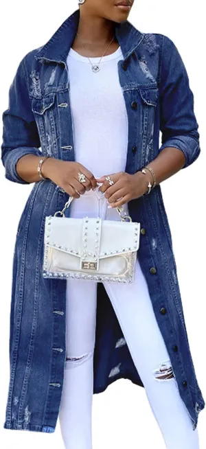 Womens Distressed Ripped Lapel Trench Coat Slim Fit Button Down Washed Long Jean Jacket
