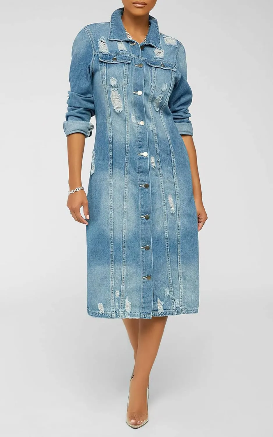 Womens Distressed Ripped Lapel Trench Coat Slim Fit Button Down Washed Long Jean Jacket