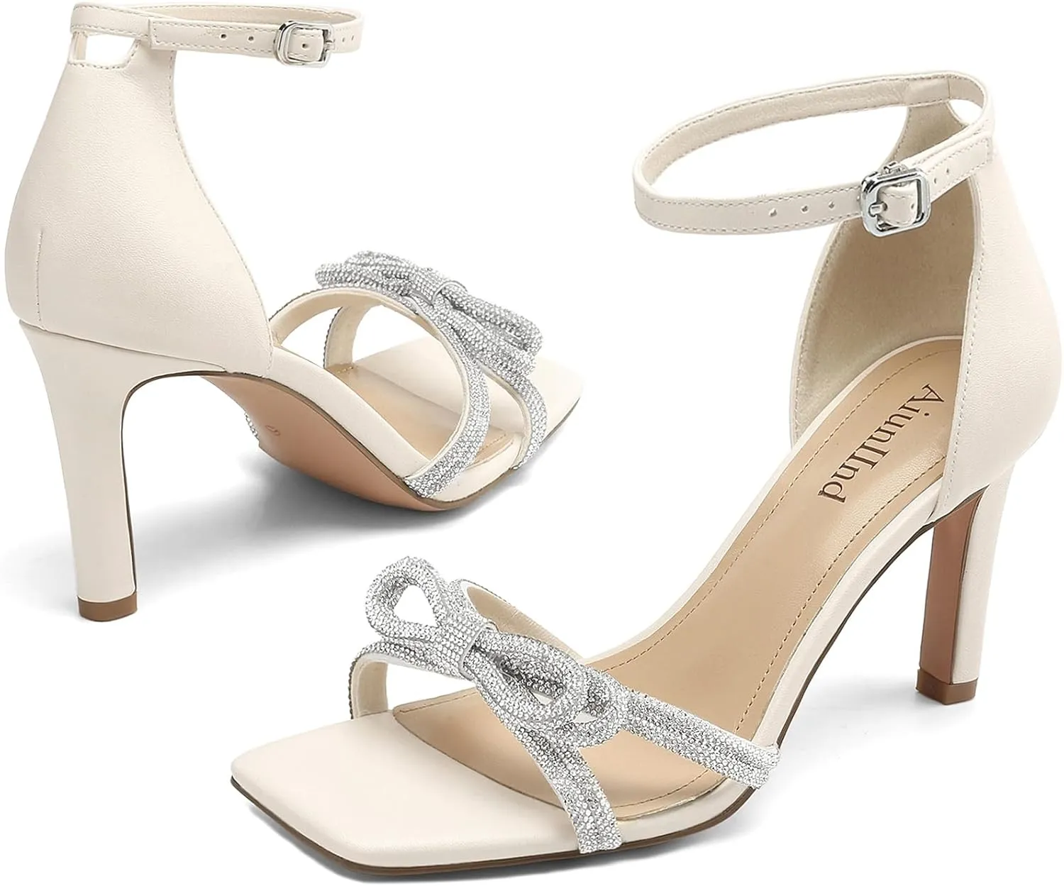 Women's Double Bowknots Heels Square Open Toe Ankle Strap Rhinestone Dress Shoes for Party Wedding