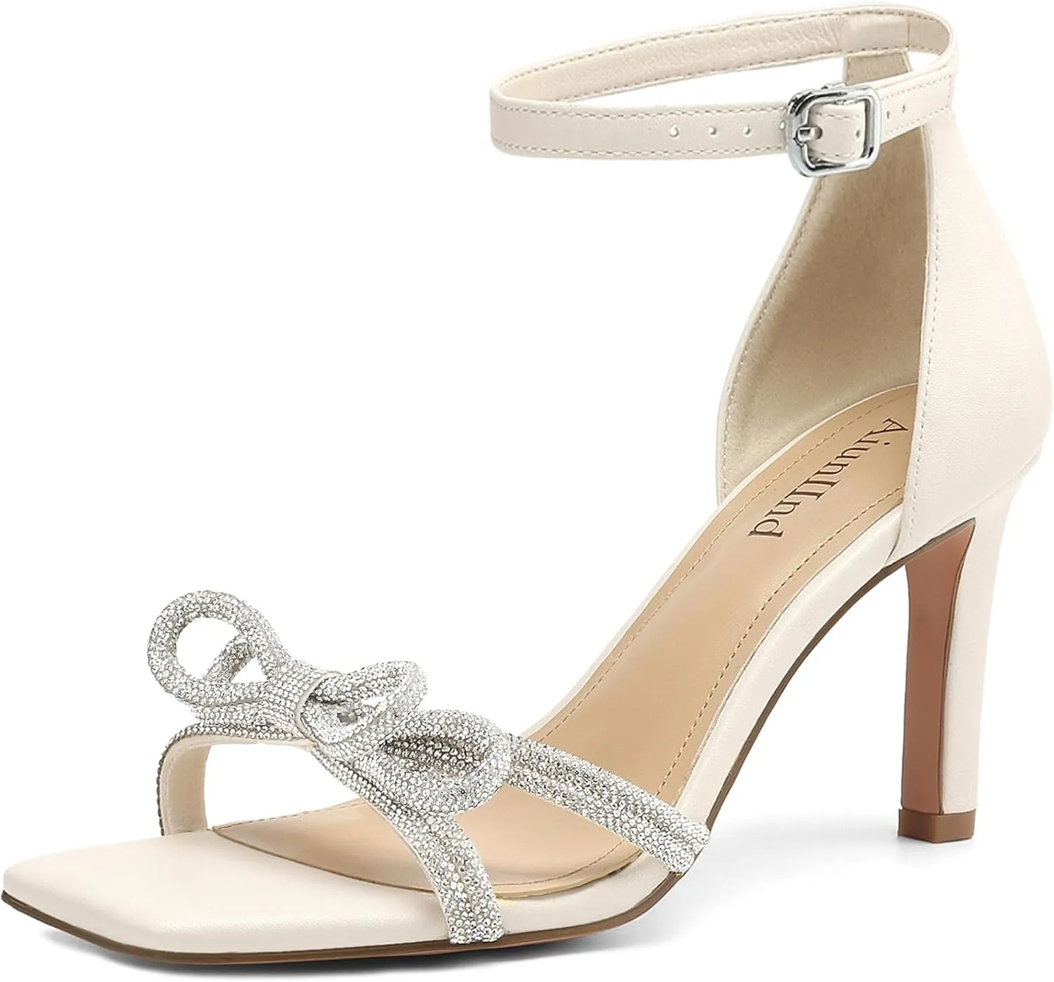 Women's Double Bowknots Heels Square Open Toe Ankle Strap Rhinestone Dress Shoes for Party Wedding