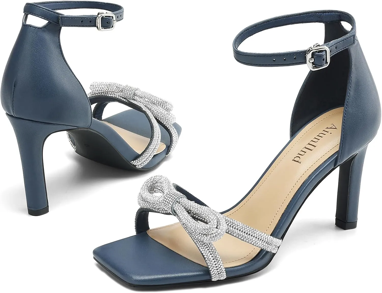 Women's Double Bowknots Heels Square Open Toe Ankle Strap Rhinestone Dress Shoes for Party Wedding