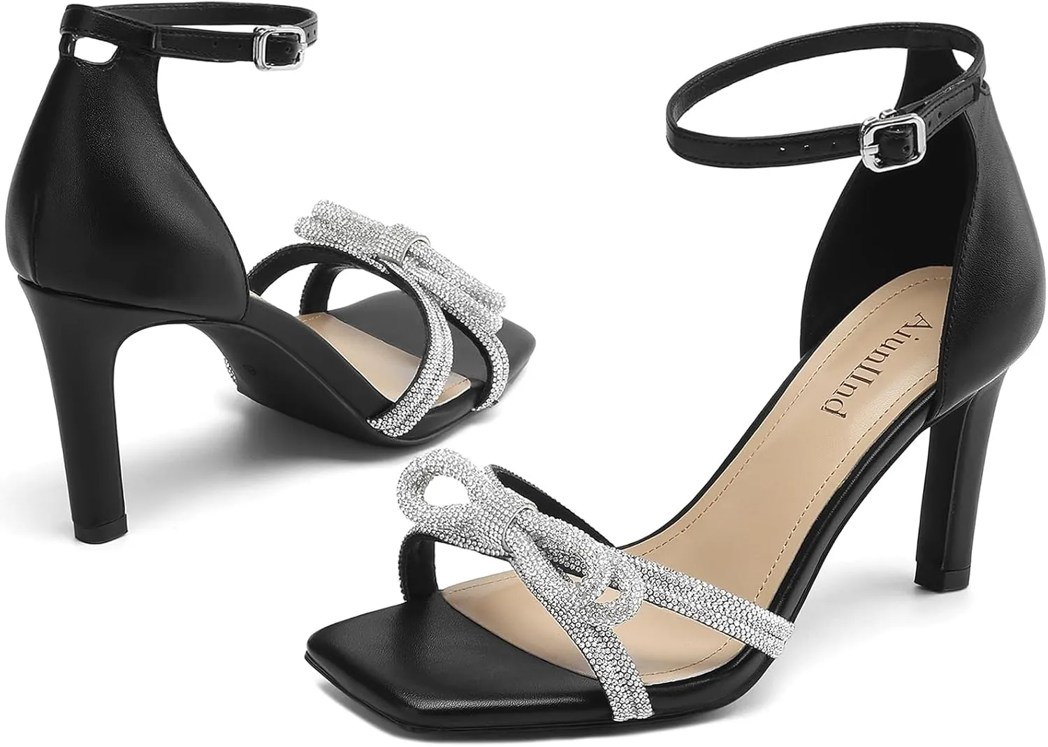 Women's Double Bowknots Heels Square Open Toe Ankle Strap Rhinestone Dress Shoes for Party Wedding