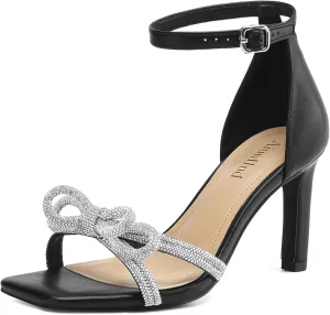 Women's Double Bowknots Heels Square Open Toe Ankle Strap Rhinestone Dress Shoes for Party Wedding
