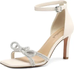 Women's Double Bowknots Heels Square Open Toe Ankle Strap Rhinestone Dress Shoes for Party Wedding