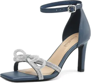 Women's Double Bowknots Heels Square Open Toe Ankle Strap Rhinestone Dress Shoes for Party Wedding
