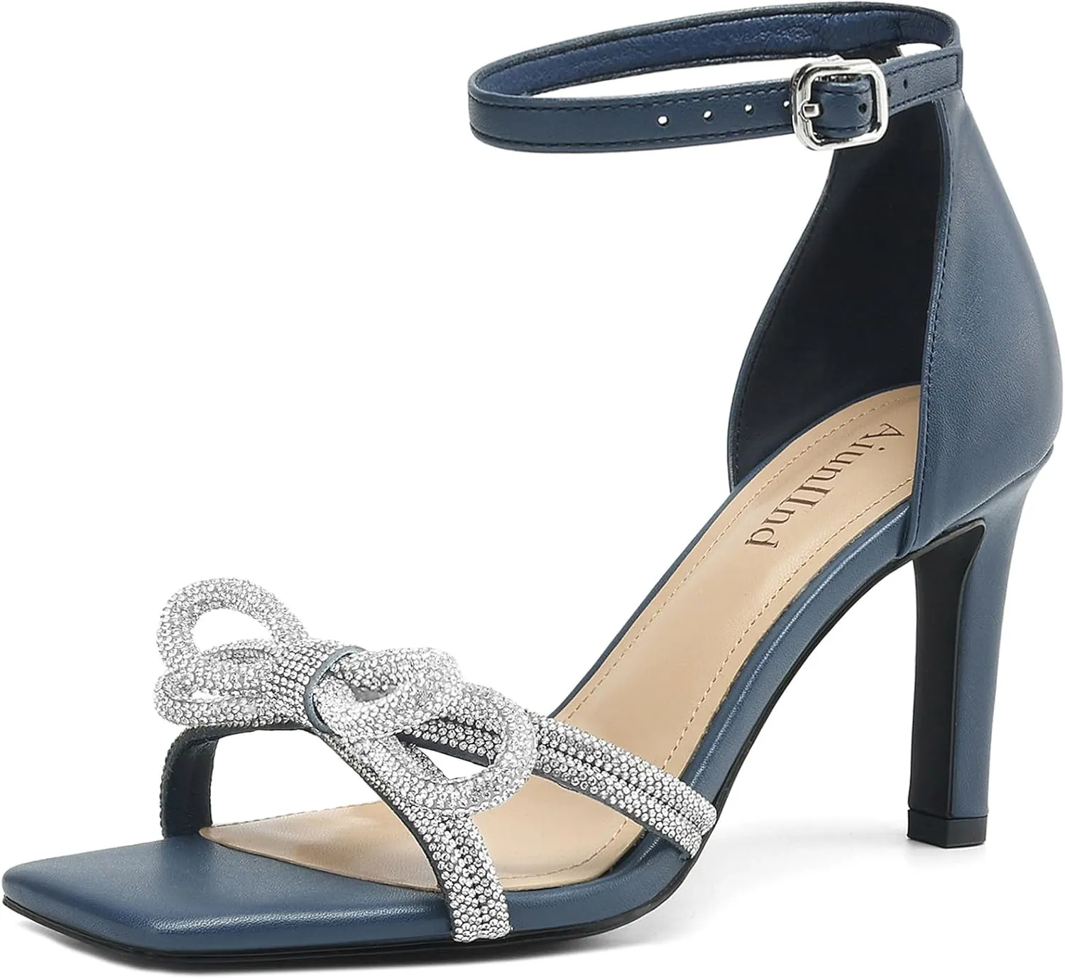 Women's Double Bowknots Heels Square Open Toe Ankle Strap Rhinestone Dress Shoes for Party Wedding