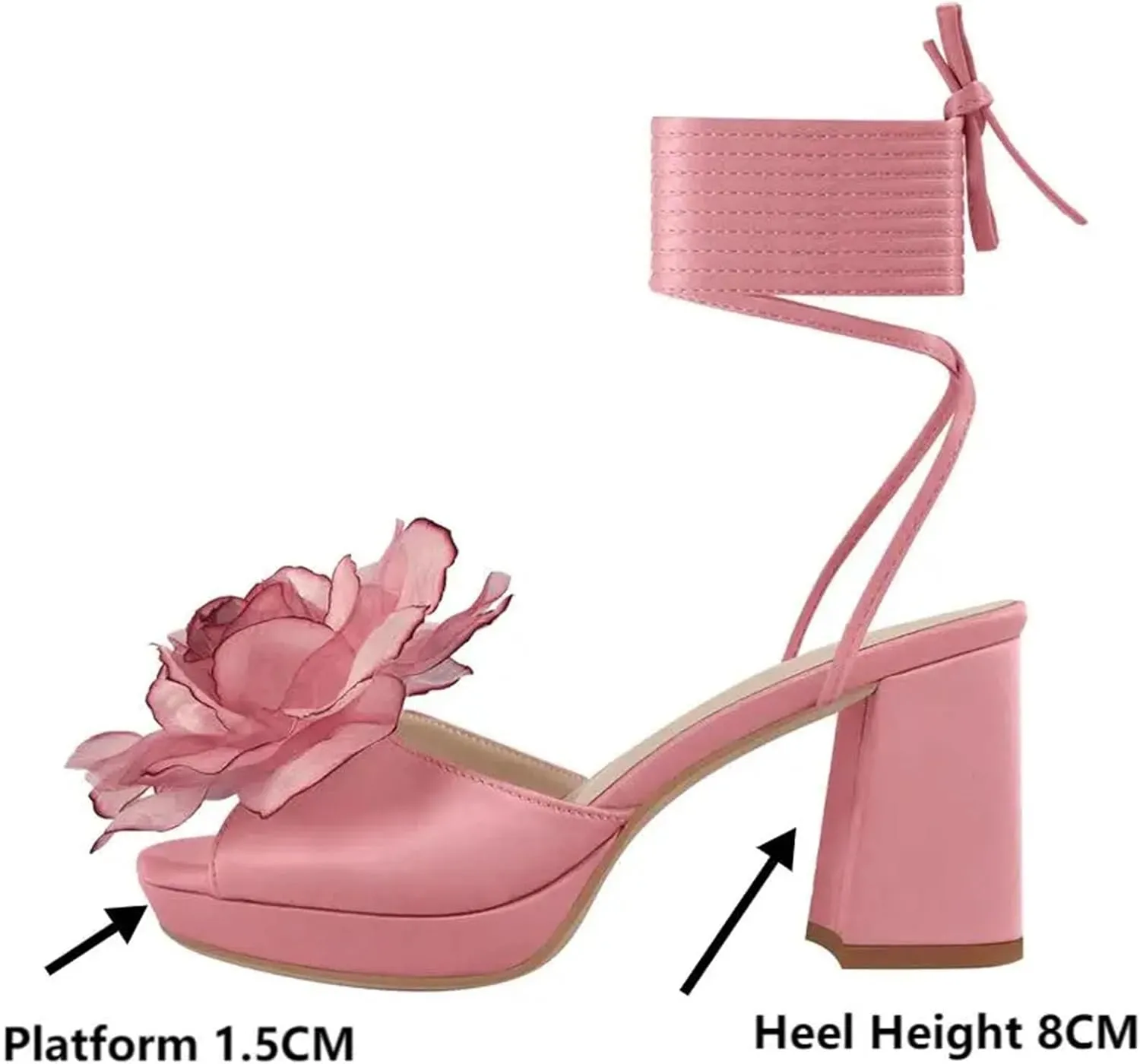Women's Floral Lace-Up Sandals - Pink Open Toe Chunky Heels