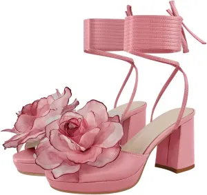 Women's Floral Lace-Up Sandals - Pink Open Toe Chunky Heels