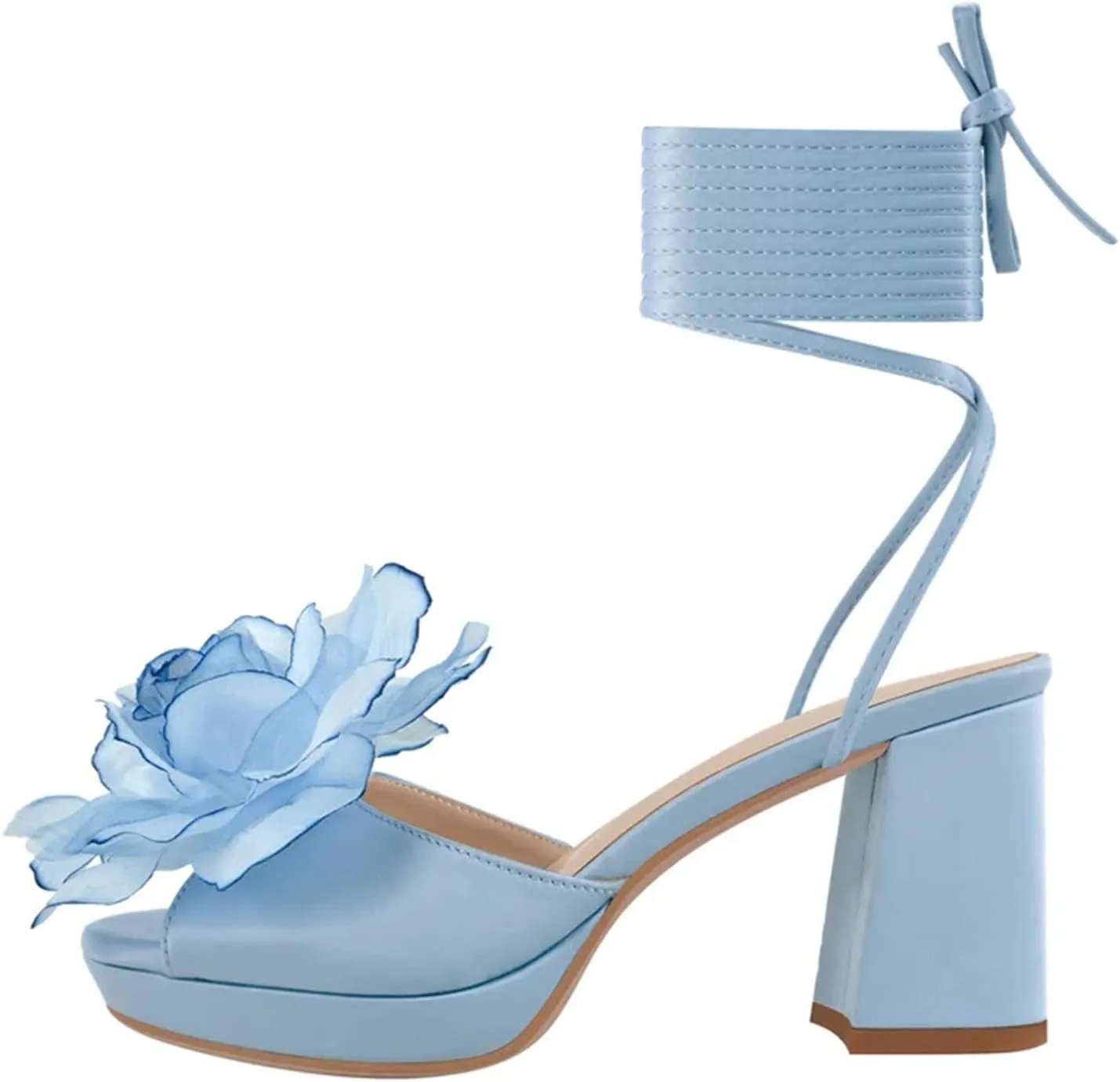 Women's Floral Lace-Up Sandals - Pink Open Toe Chunky Heels