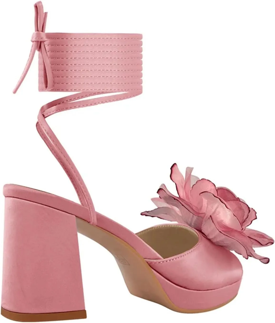 Women's Floral Lace-Up Sandals - Pink Open Toe Chunky Heels
