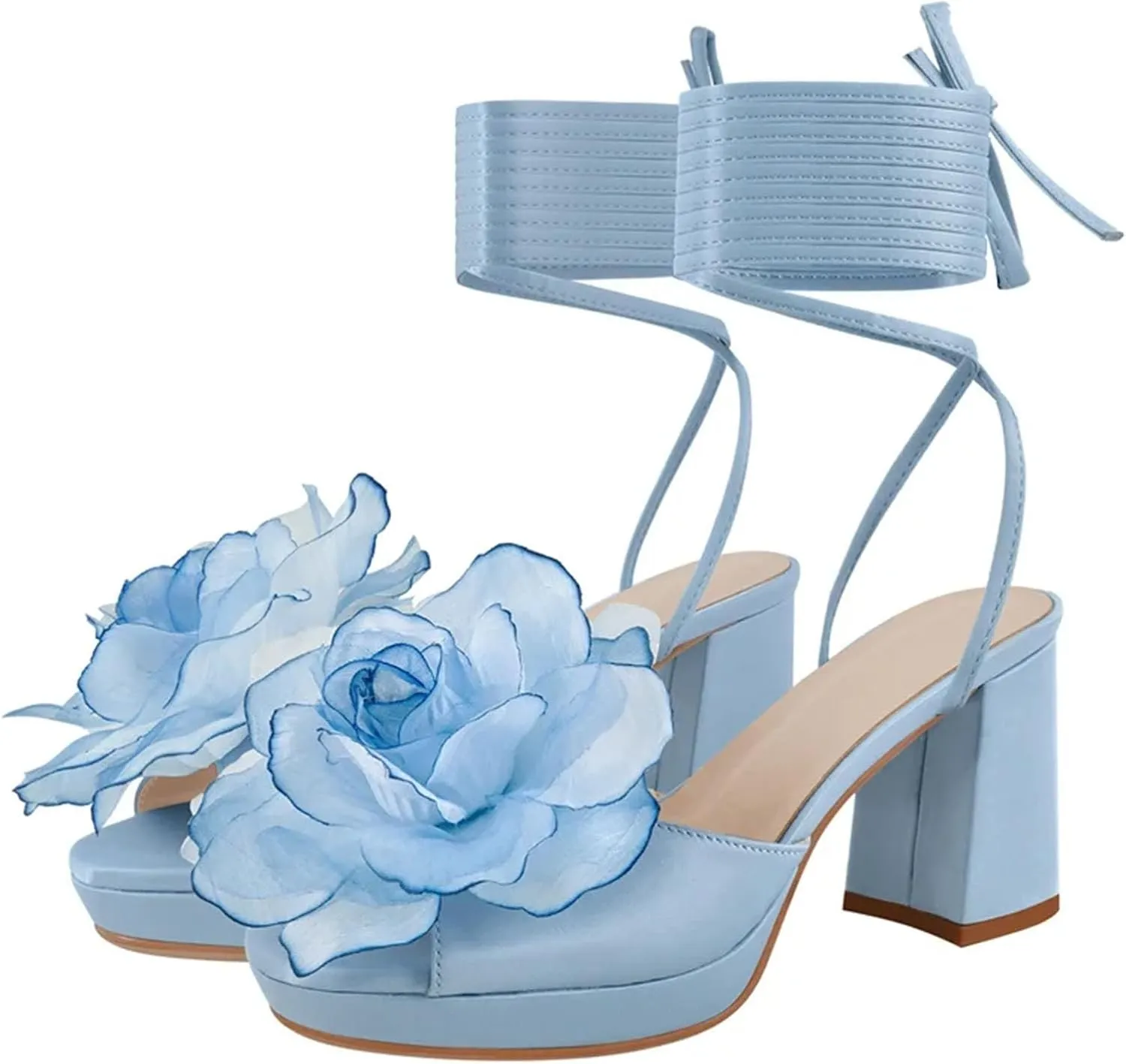 Women's Floral Lace-Up Sandals - Pink Open Toe Chunky Heels