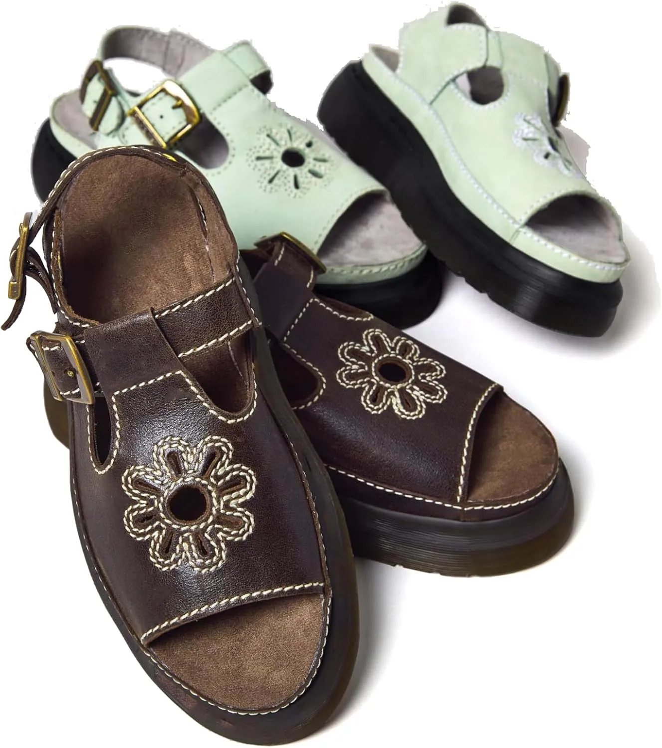 Women's Floral Platform Sandals Adjustable T Strap Beach Wedges with Memory Foam Slip On Water Shoes for Women, Arch Support Summer Sandals Non-Slip Sole Brown
