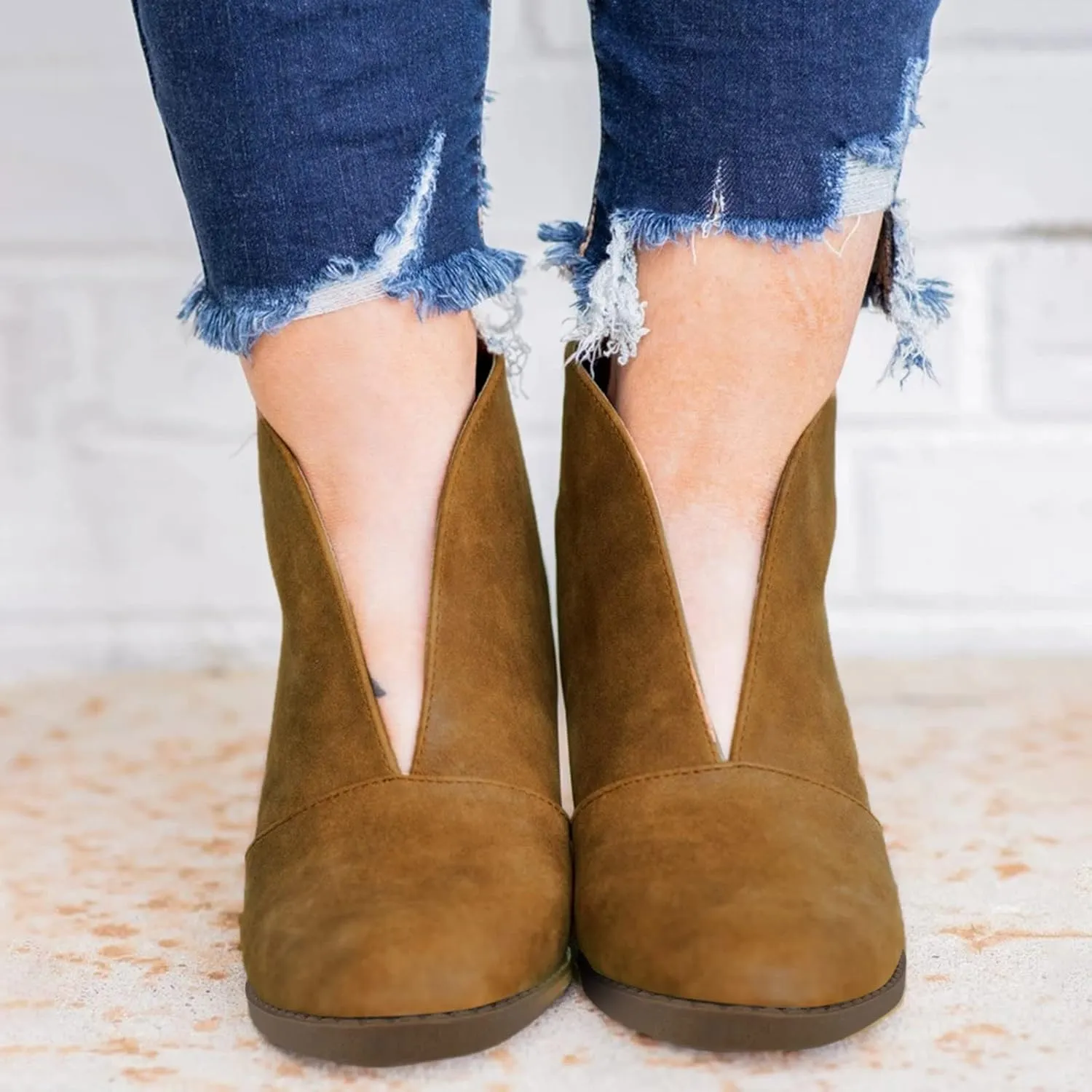 Women’s Front Deep V Cut Out Ankle Boots Slip on Lightweight Comfort Non-slip Middle Chunky Heel Booties for Women Casual Footwear