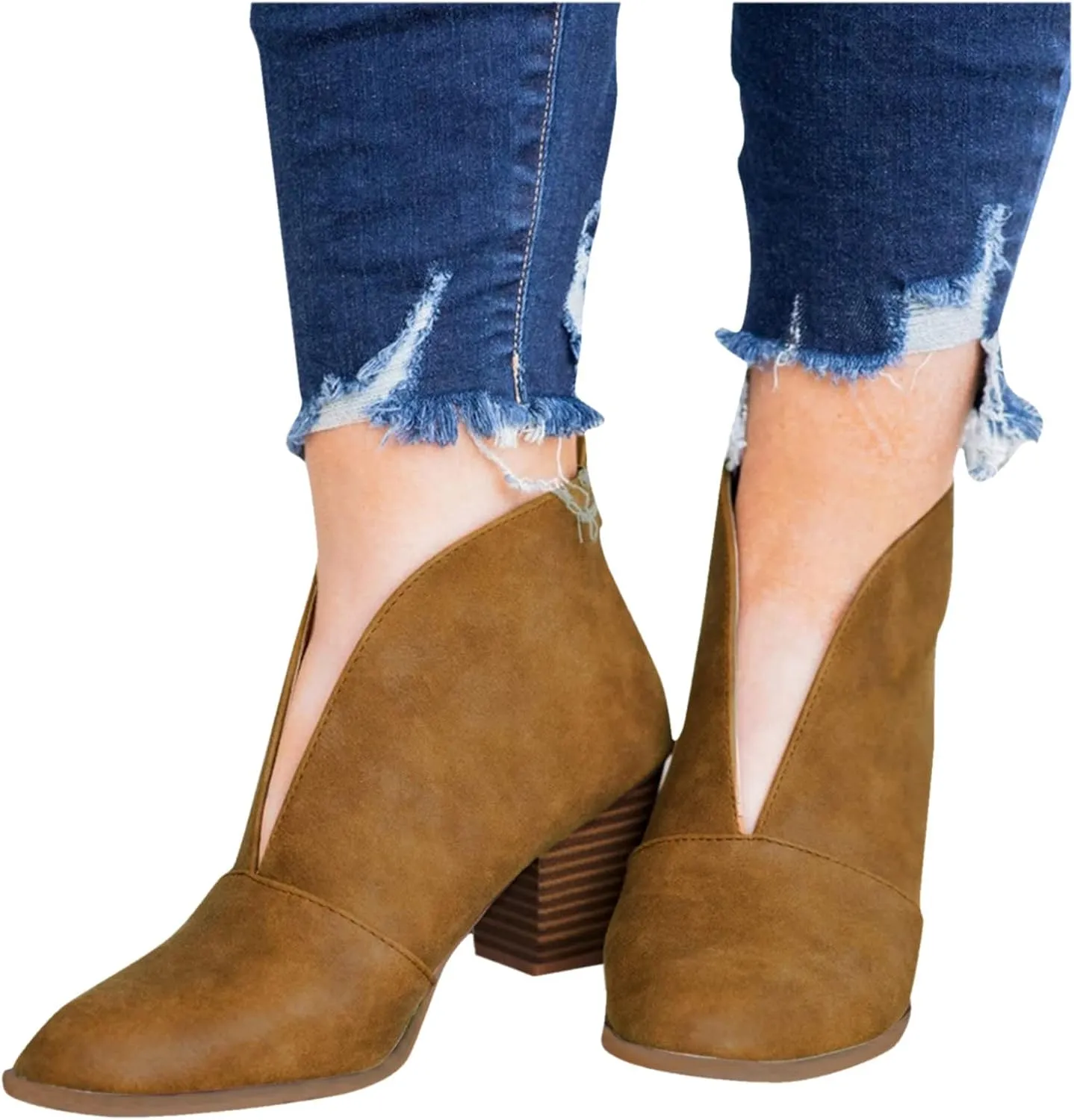 Women’s Front Deep V Cut Out Ankle Boots Slip on Lightweight Comfort Non-slip Middle Chunky Heel Booties for Women Casual Footwear