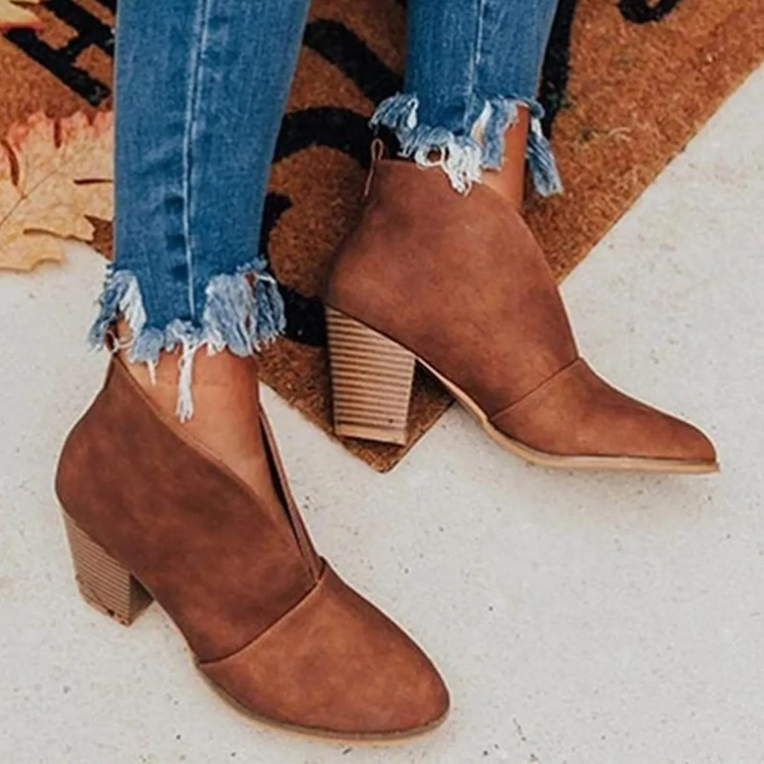 Women’s Front Deep V Cut Out Ankle Boots Slip on Lightweight Comfort Non-slip Middle Chunky Heel Booties for Women Casual Footwear