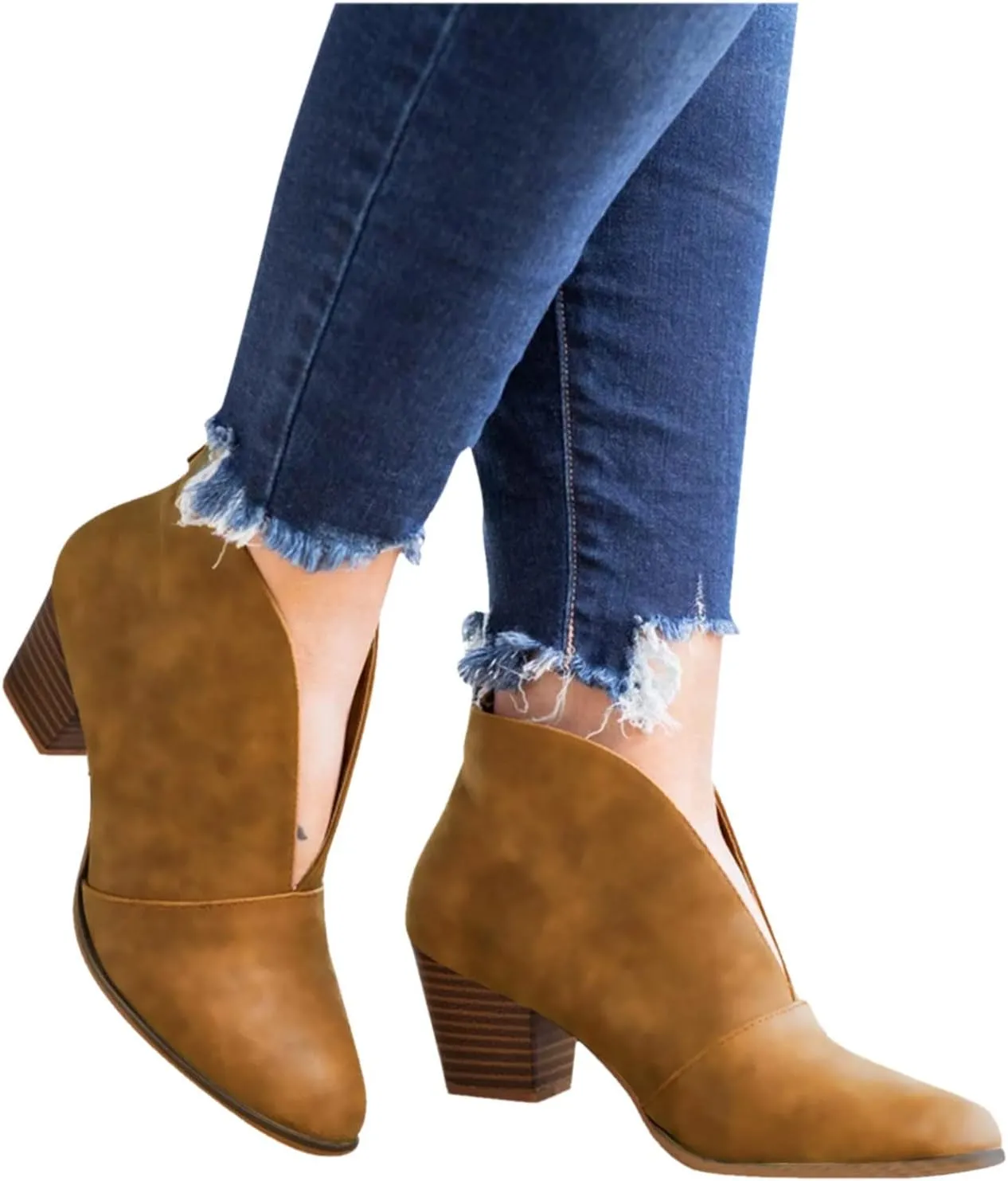 Women’s Front Deep V Cut Out Ankle Boots Slip on Lightweight Comfort Non-slip Middle Chunky Heel Booties for Women Casual Footwear