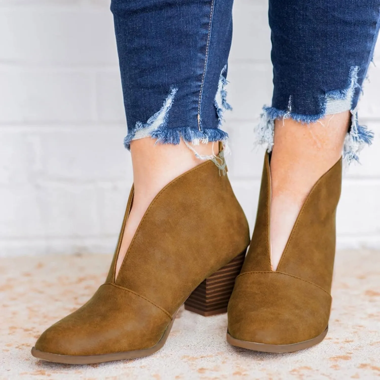 Women’s Front Deep V Cut Out Ankle Boots Slip on Lightweight Comfort Non-slip Middle Chunky Heel Booties for Women Casual Footwear