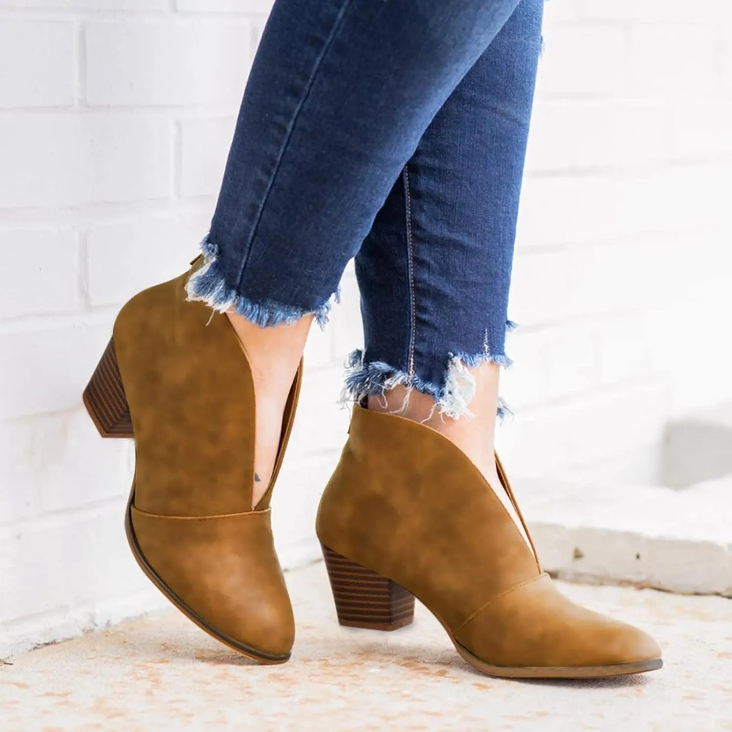 Women’s Front Deep V Cut Out Ankle Boots Slip on Lightweight Comfort Non-slip Middle Chunky Heel Booties for Women Casual Footwear