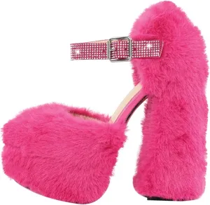 Women's Fur-Trimmed Heels - Striped Round Toe Platforms