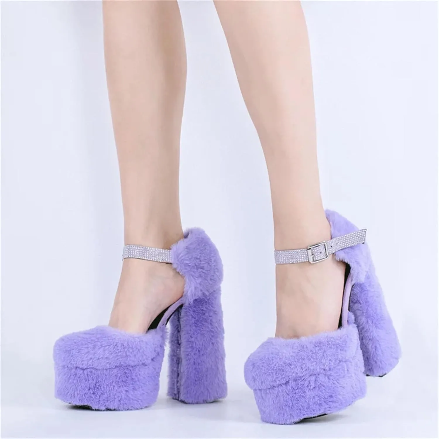 Women's Fur-Trimmed Heels - Striped Round Toe Platforms