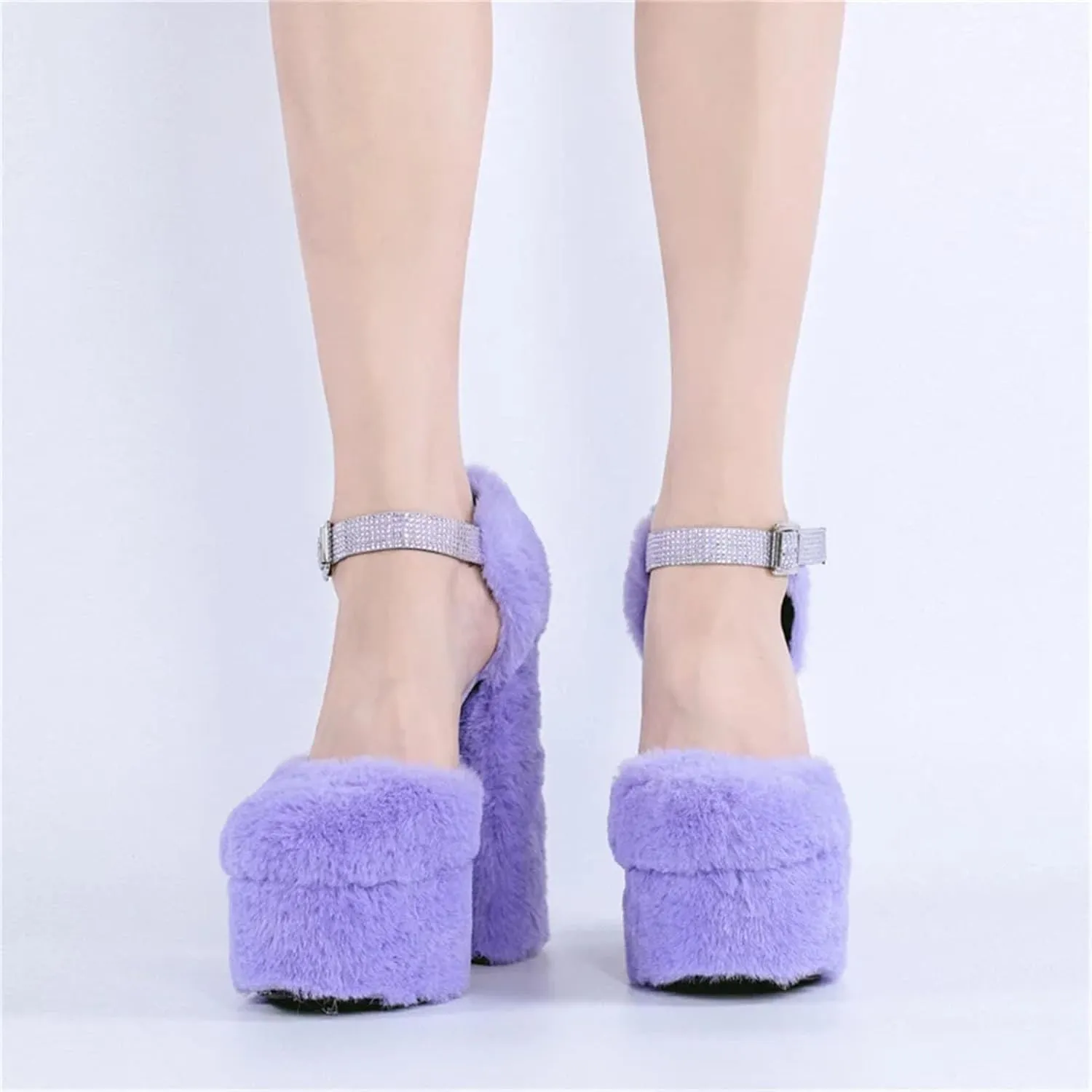 Women's Fur-Trimmed Heels - Striped Round Toe Platforms